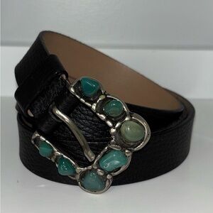 Talbots Black Leather Belt with Green Stone Accents Made In Italy Size M